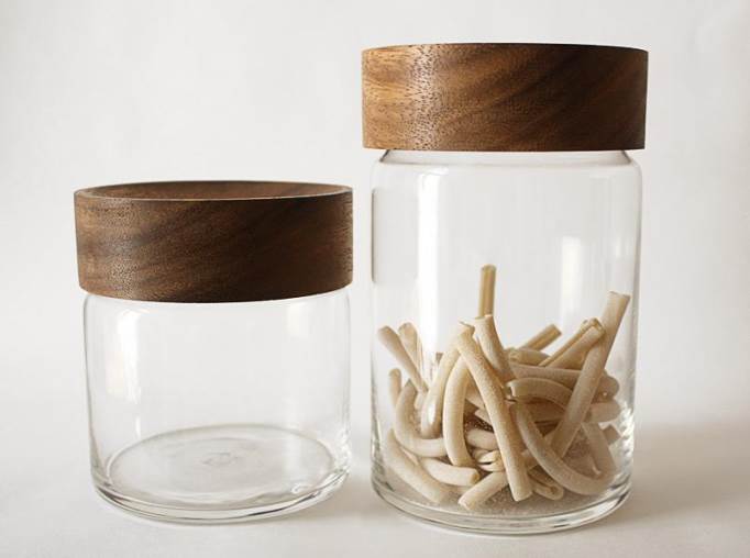 modern glass kitchen canisters with wooden top