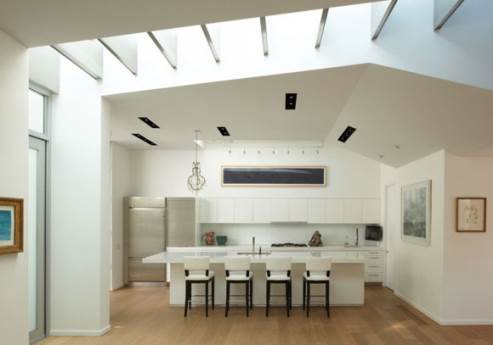 white modern kitchen with high ceilings