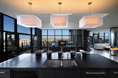 view of the black kitchen island