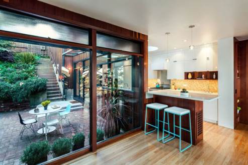 open kitchen with big windows