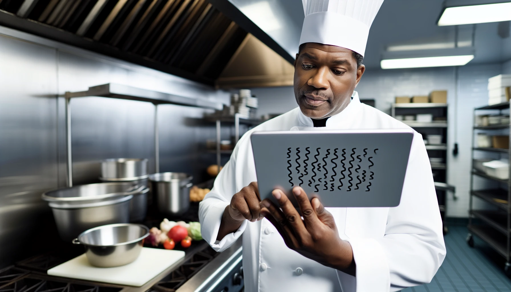 Chef checking inventory on a digital device