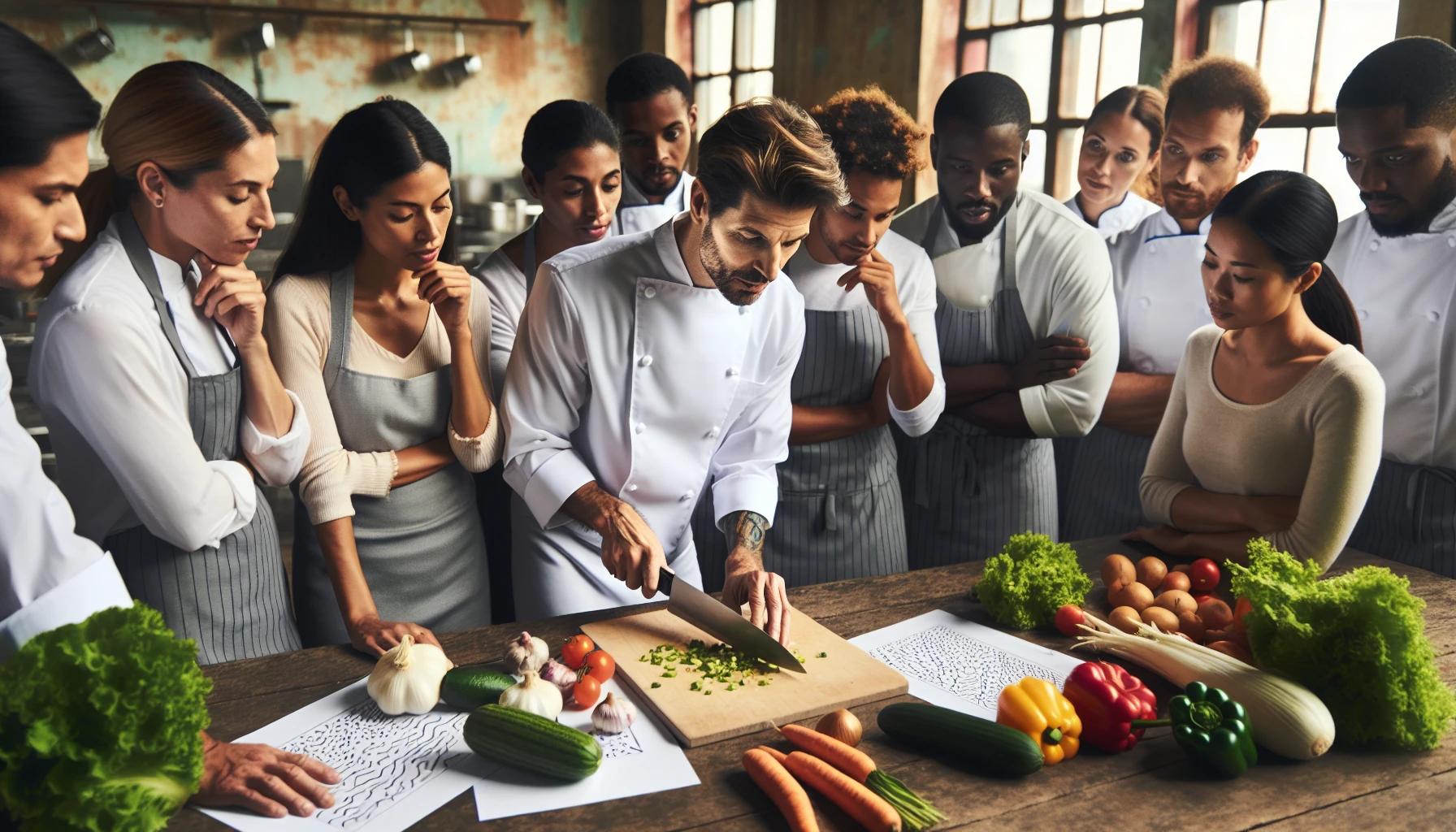 Illustration of a chef demonstrating kitchen techniques to staff