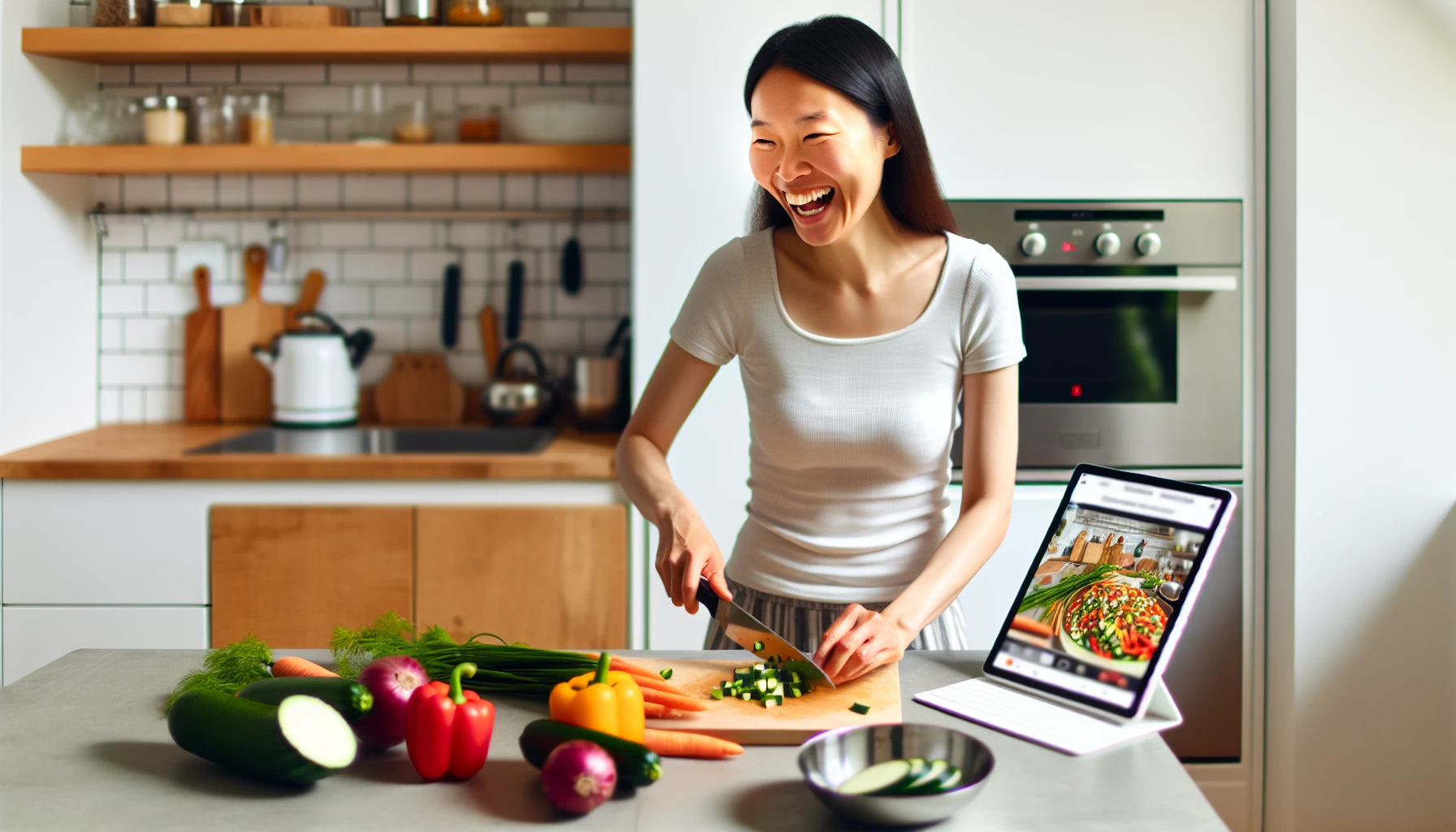 A person happily cooking with fresh ingredients, embracing the AI-generated recipes and reducing food waste