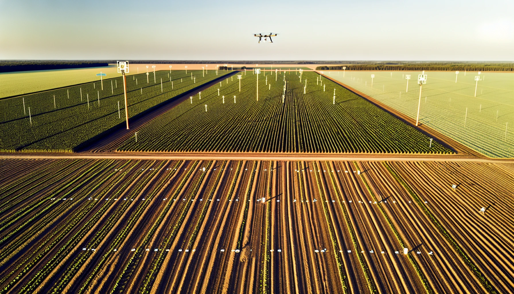 Aerial view of a modern agricultural field with advanced technology