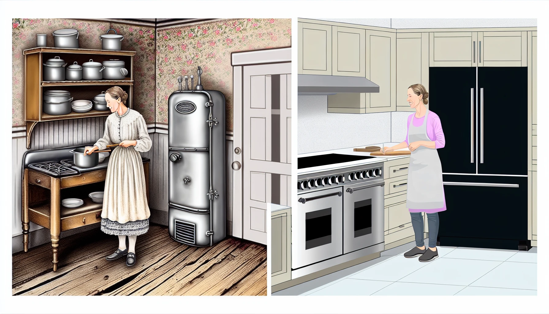 Comparison of early 20th-century kitchen and modern kitchen