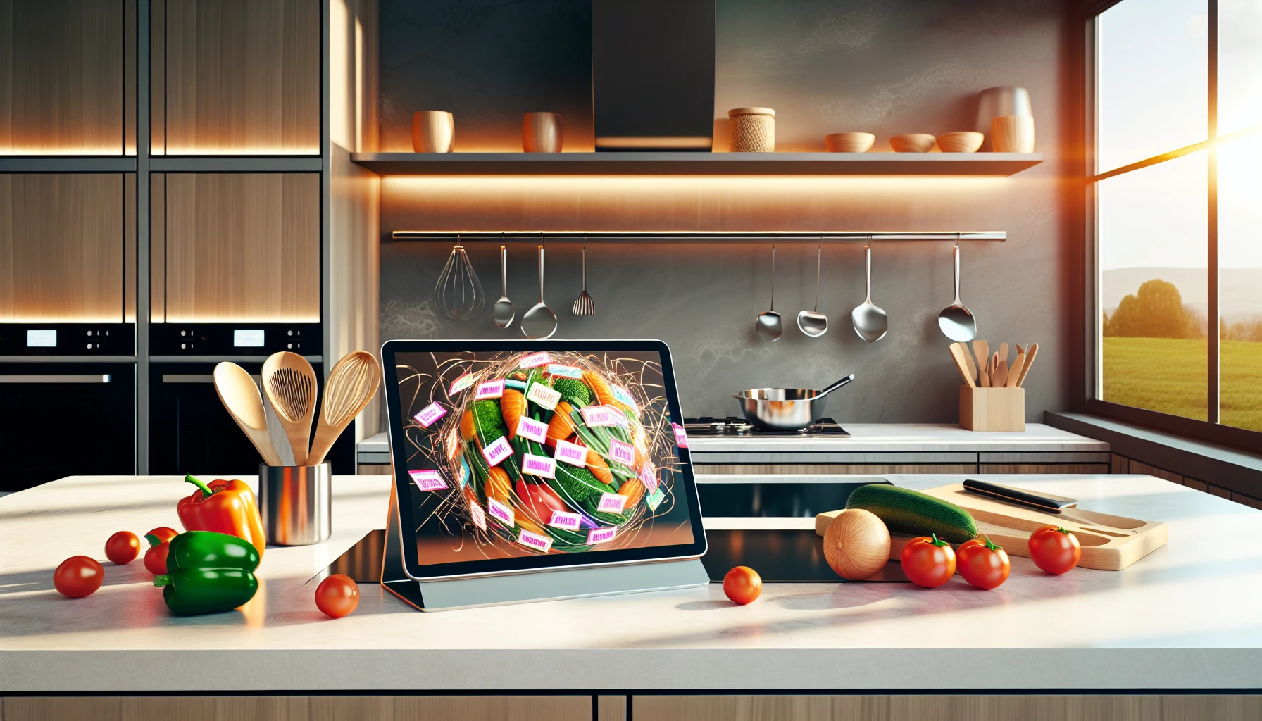 A modern kitchen with various ingredients and utensils, representing the AI recipe revolution and transforming the way we cook