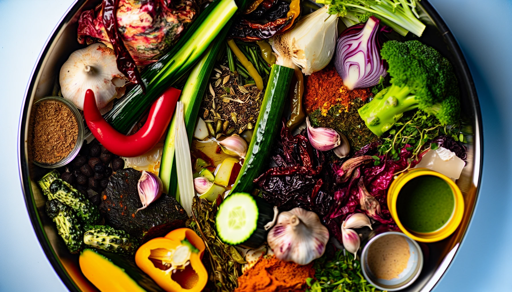 A close-up of various leftover ingredients being used to create a delicious meal, showcasing the reduction of food waste with AI recipes