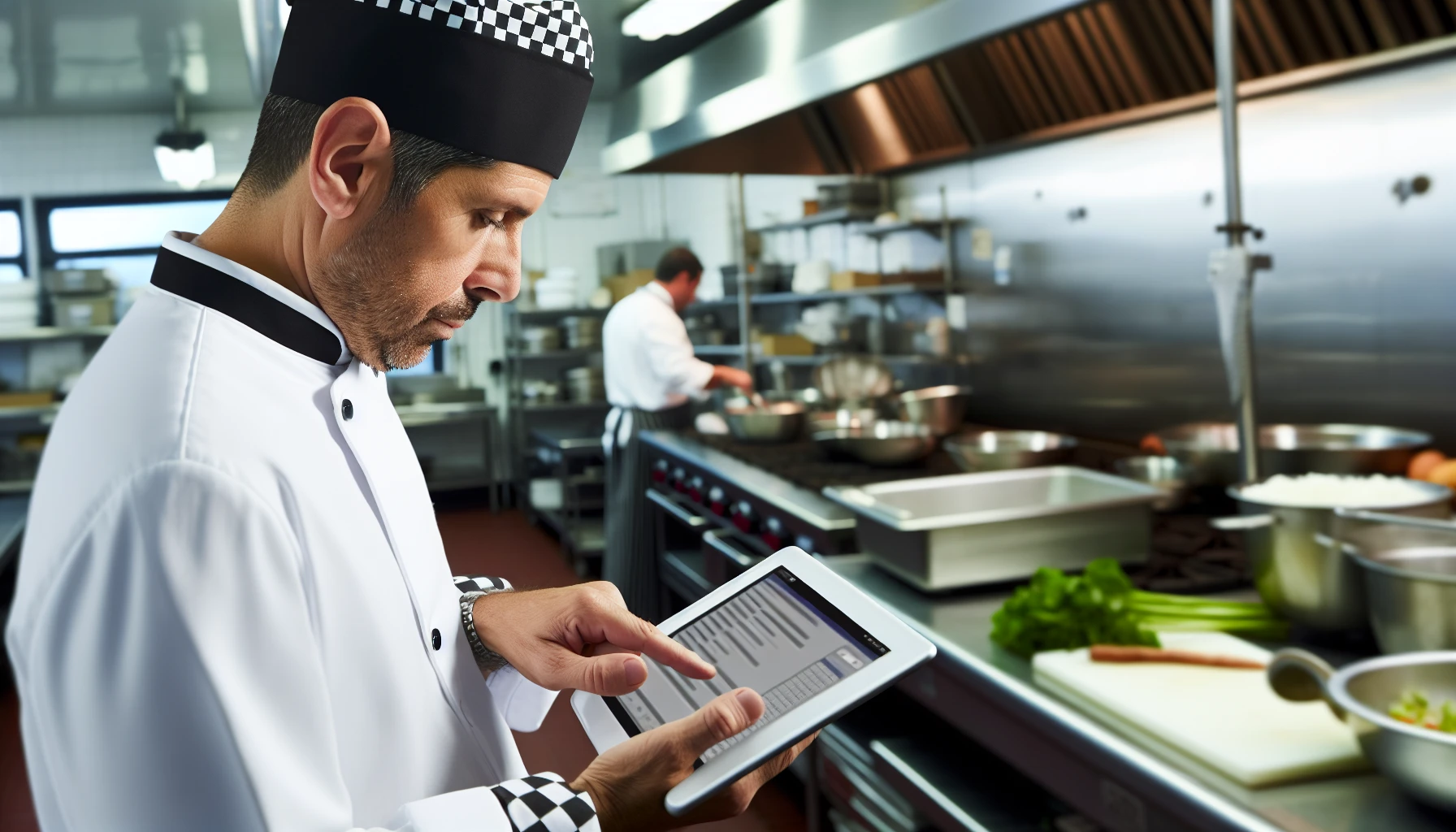 Professional chef using recipe management software on a tablet
